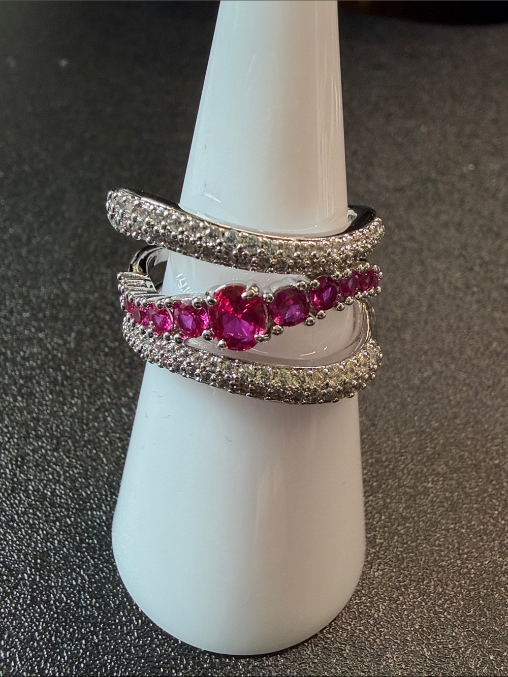 Silver-Tone Ring with Vibrant Pink Gemstone Row